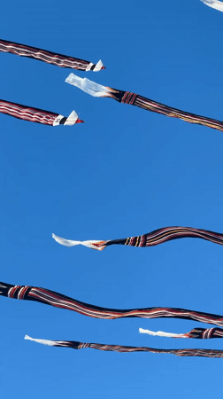 Colorful striped kites fly over North Kuta beach