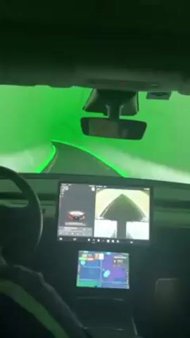 From inside a Tesla, a person drives through an illuminated tunnel. The tunnel lighting changes color. The car's dashboard is visible, showing the car's speed and other data. The person's face is reflected in the rearview mirror.