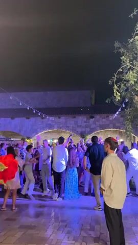 A group of people are dancing at night outdoors. There are buildings in the background. There is a tree on the right side of the frame. The ground is paved. Some of the people are wearing formal attire. Some of the people are holding their hands up in the air. One person is wearing a red garment.