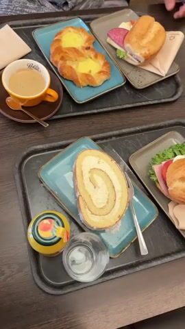The video shows two dark-colored trays on a wooden table. Each tray contains food items. The top tray has a blue rectangular plate with a pastry that appears to be filled with custard and a smaller rectangular plate with a sandwich. The sandwich has a bread roll cut in half, with fillings visible, including salami, cheese, lettuce, and possibly some red onion. A coffee cup and saucer are also on the top tray. The bottom tray has a blue rectangular plate with a slice of Swiss roll cake dusted with powdered sugar and a fork. Next to the cake is a small decorative dispenser, possibly for sugar or cream, and a clear glass. There is also a rectangular plate with another sandwich, similar in appearance to the one on the top tray, with lettuce, tomato, and ham. The overall setting appears to be a cafe or bakery. The camera pans slightly and zooms in and out, focusing on the food items. The price, "19 Euros," is mentioned verbally. Two hands are partially visible in the video, one reaching for something on the top tray and another resting on the table.