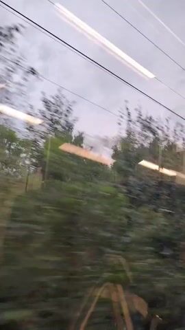 The video shows a view from inside a moving vehicle, likely a train, looking out a window. The scenery outside is blurred due to motion, consisting of green trees and foliage against a cloudy, overcast sky. Overhead, there are power lines and what appear to be reflections of interior lights on the window. The perspective is from a side window, offering a panoramic view of the passing landscape.