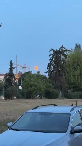The video captures a full moon that appears orange in color. The moon is positioned in a clear blue sky above a cluster of trees. In the foreground, the top of a silver car is visible. In the background, a construction crane and buildings can be seen. The scene appears to be an outdoor setting, possibly at dusk or dawn, given the lighting conditions and the color of the moon. There are no people visible in the frame.