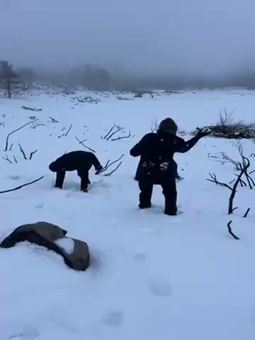 Three people are playing in the snow. The snow is deep, covering the ground and surrounding a frozen lake or pond in the background. Bare branches and a few scattered rocks are visible on the snowy surface. The sky is overcast, and there is fog obscuring the background. One person is bent over, making a snowball. Another person throws a snowball and then raises their arms in anticipation of throwing another. The third person is also making snowballs. They are all wearing dark clothing.