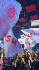 Indoor crowd celebration features white flags with 'BUSH' messaging