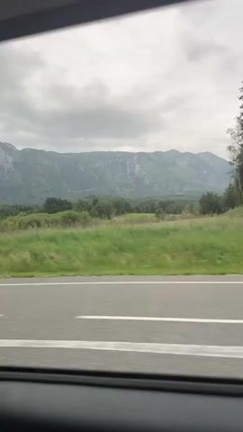 A view from inside a vehicle shows a roadside scene with a highway in the foreground. On the right side of the highway, a grassy field stretches towards a line of trees and a mountain range in the distance. The sky is overcast with clouds. A blue traffic sign with white symbols is visible along the roadside at one point. The camera appears to be moving, suggesting the video was taken from a moving vehicle.