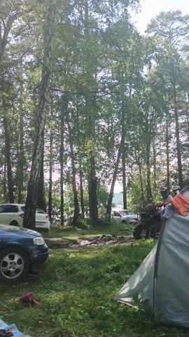 The video shows a wooded area with a dirt path. Several vehicles are parked on the path, including a dark-colored car, a white car, and a light-colored SUV. A red ATV with two people on it is driving on the path. There is a tent set up in the foreground, and a small dog is visible running across the grass. The trees are tall and covered in green leaves, and the sky is bright, indicating daytime. Some people are visible near the vehicles and the tent.