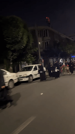 Nighttime street scene in Tehran, people walking along tree-lined road