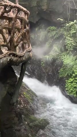 A camera pans across a lush, green forest. In the foreground, a wooden railing with intricate carvings is visible. Below the railing, a waterfall cascades over dark rocks, creating white foam as it flows into a river. Steam rises from the water, adding to the misty atmosphere. The surrounding environment is filled with dense vegetation, including ferns and trees. The camera movement is smooth, following the flow of the water and the natural landscape.