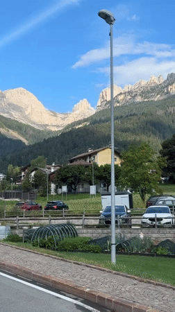 Street-level views of a quiet Dolomite village at dawn