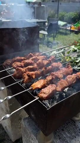 A close-up, vertical shot shows rows of meat skewers being grilled over charcoal. The meat is brown and appears to be cooked, with some pieces slightly charred. Smoke rises from the grill. In the background, out of focus, are several people sitting at tables in what appears to be an outdoor setting with greenery and trees. The overall scene suggests a casual outdoor gathering or barbecue.