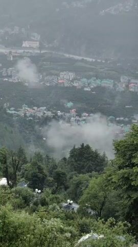 The video shows a high-angle, static shot of a mountainous landscape during what appears to be a foggy or misty day. In the foreground, there is dense green foliage, with the tops of several trees visible. Behind this, a town or city is built into the hillside. Buildings of varying sizes and colors, many with green roofs, are scattered across the slopes, interspersed with trees. Wisps of fog or mist are drifting through the town, obscuring some of the buildings and creating a hazy atmosphere. In the distance, the mountains recede into the fog, with faint hints of structures visible on the higher elevations. The overall impression is one of a remote, natural setting with human habitation integrated into the landscape, characterized by a subdued and atmospheric lighting due to the weather conditions. No people or specific actions are discernible in the video.
