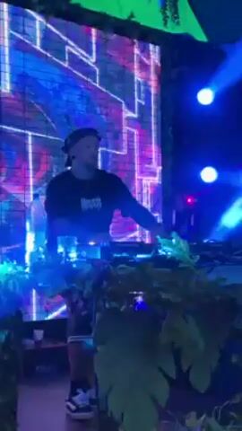 A male DJ is visible in the video, wearing a dark t-shirt, a cap, and shorts. He is standing behind a DJ booth decorated with artificial greenery. The DJ is operating a sound mixing console, manipulating the sound and rhythm of the music. In the background, a large LED screen displays a variety of dynamic abstract visuals, including geometric patterns, swirling colors, and psychedelic imagery. The lighting in the venue includes bright spotlights and colored lights that enhance the visual experience. The atmosphere suggests a club or a music event.