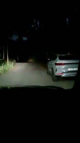The video is shot from the perspective of someone driving a car at night. The headlights illuminate a narrow, unpaved road surrounded by dark trees and vegetation. In the distance, on the right side of the road, there is a silver car parked. The sky above is dark with a hint of clouds. The road appears to be winding, and there are occasional lights visible in the distance, possibly from houses. The overall atmosphere is quiet and rural.