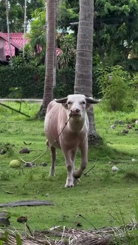 A white buffalo stands in a grassy area with trees in the background. The buffalo is facing the camera and appears to be chewing on a rope. There are coconuts scattered on the ground around the buffalo. The environment is lush and green, suggesting a tropical or subtropical location.