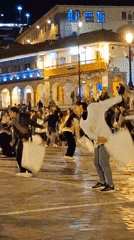 Group performs synchronized flag routine in nighttime plaza
