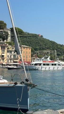 The video captures a sunny day in a picturesque harbor. In the foreground, the bow of a light blue sailboat is visible, tethered to a dock. Its mast stands tall, with rigging and a flag at the top. Further out in the water, a large white yacht with multiple decks and numerous people on its railings is prominent. Behind the yacht, a row of colorful buildings, typical of a Mediterranean coastal town, are stacked up a hillside. The buildings are painted in shades of yellow, orange, pink, and white, with lush green trees and vegetation covering the slopes. The water is a clear, deep blue, and the sky is a bright, cloudless blue. A person wearing a white t-shirt with writing on the back is standing on the dock, facing away from the camera, looking towards the water. The scene conveys a sense of leisure and vacation.