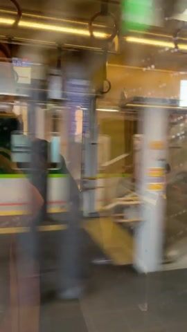 The video captures a view from inside a moving train, looking out a window. Initially, the reflection of the train's interior, including yellow handrails and ceiling lights, is visible. The train is moving rapidly, causing the exterior view to blur into streaks of color, showing reflections of people and advertisements. As the train slows down, the exterior becomes clearer. A green and white train on an adjacent track comes into view, its cars passing by the window. Yellow platform markings are visible on the ground between the two trains. The passing train's windows reflect the environment and show glimpses of its interior. The video ends with the train still moving past the other train.