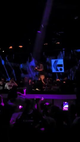 Here's a description of the video:

The video shows a person on a slightly elevated platform, possibly DJing or performing, in a dimly lit club. The lighting is primarily purple and blue, with a spotlight shining down.  Behind the performer is a screen displaying the word "TERMINAL" with a stylized logo. A crowd of people are in front of the platform, facing the performer with their arms raised. Some individuals are holding up their phones, presumably recording or taking photos. The atmosphere appears energetic and celebratory.