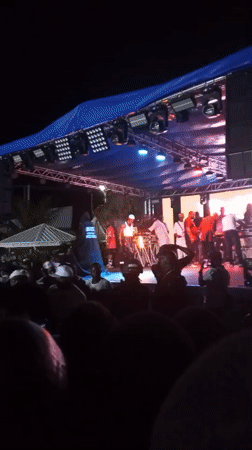 Outdoor nighttime concert with live performers and DJ set