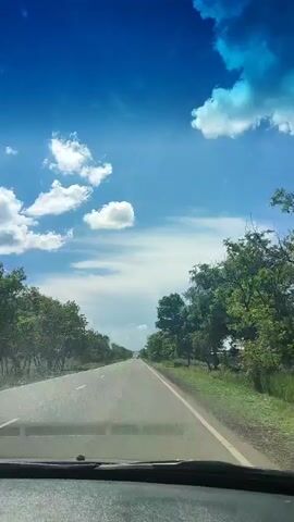 The video shows a first-person perspective from inside a vehicle traveling on a paved road. The sky is a vibrant blue with scattered white clouds. Lush green trees line both sides of the road, forming a canopy in some areas. The road appears to be a two-lane highway, with a white line marking the center and edge. The vehicle is moving forward at a steady pace, suggesting a journey through a rural or suburban area. The sunlight indicates it is daytime.