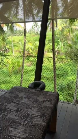 The video shows a massage room with an open view of a tropical landscape. The massage table is in the center of the room, covered with a patterned blanket and a face cradle. The room has an open-air feel, with a net enclosure offering a view of lush greenery, including palm trees. Adjacent to the massage table, there is a set of wooden chairs and a small table with a vase of plant. On the floor, there's a wooden tray with slippers, and a bowl filled with green slices of cucumber. The walls are made of stone. The weather appears to be overcast.