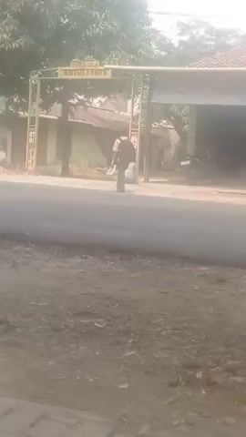 A person is walking down a road in front of a gate that has writing on it. They are carrying something. A motorcycle is parked near the gate. There are trees and buildings in the background. The lighting suggests it is daytime.