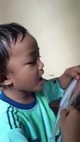 A child wearing a teal shirt with blue and black accents sits on a patterned rug. The child is holding an open book with colorful illustrations and text. The child's face is close to the book, and their hands are holding the pages. The background shows a wall and a blue cabinet with clothes inside.