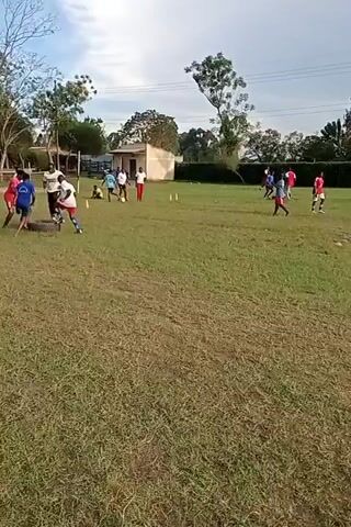 The video shows a group of young people playing soccer on a grassy field. Some are running around a tire obstacle, while others are kicking a ball near small cones. There are trees surrounding the field, and a small building is visible in the background. The sky is cloudy.