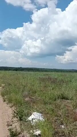 The video shows a person walking through a field on a sunny day. The sky is blue with white clouds, and there is a dirt road to the right of the frame. The field is covered in grass and weeds, with some areas of bare dirt. The person is not visible in the frame, but their shadow can be seen on the dirt road. The video appears to be shot on a mobile phone, as indicated by the aspect ratio and the slight shakiness of the camera.