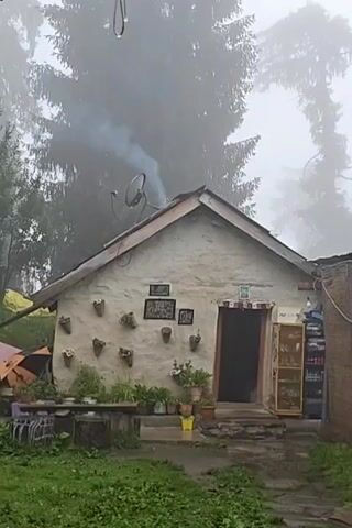 A satellite dish is mounted on the roof of a small, rustic house. Smoke emanates from the chimney, indicating that a fire is burning inside. The house is decorated with small planters containing plants, and framed pictures hang on the wall. A doorway is visible, and a person can be seen stepping out of the house, carrying a tray. The scene is set against a backdrop of trees partially obscured by fog or mist.