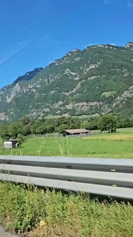 The video presents a scenic view from a moving vehicle, looking out onto a rural landscape with prominent mountains. In the immediate foreground, a gray metal guardrail and vibrant green grass are visible, suggesting the perspective is from a roadside. Beyond the guardrail, lush green fields stretch across the middle ground, dotted with various trees. A small, dark-roofed building, possibly a barn or farmhouse, is visible in the distance within the fields.

Towering mountains form the backdrop, their slopes covered in a mix of dense green foliage and exposed rocky terrain. The sky above is a clear, bright blue with a few scattered white clouds, indicating sunny weather. The video captures the serene beauty of a mountainous region, characteristic of areas like Esine, Italy. The time of day appears to be bright daytime. No visible text is present in the frame.