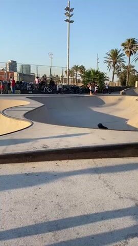 A skateboarder is performing a trick in a skatepark. They are wearing protective gear including a helmet and knee pads. The skatepark has concrete ramps and bowls. In the background, there are palm trees, buildings, and other people watching. The sun is shining, indicating it is daytime. The skateboarder is in mid-air, likely completing a jump or flip.