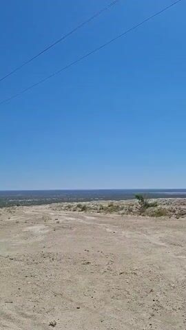 A dirt road leads towards a flat, arid landscape under a clear blue sky. Sparse, dry vegetation dots the terrain. In the distance, a faint line of trees or buildings is visible on the horizon. Two telephone poles are present, one closer to the viewer on the left and another further away in the distance. Overhead, a power line stretches across the frame. The scene is static, with no discernible movement.