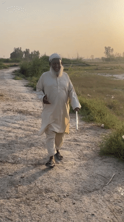 Elderly man walks through rural Pakistani village amid agricultural scenes