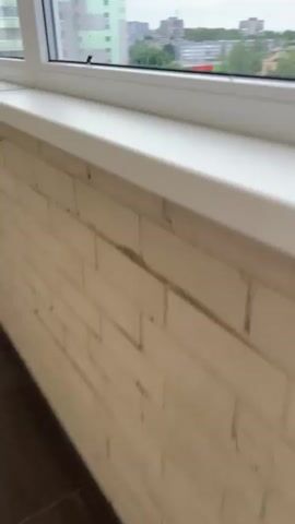 The video shows a close-up view of a white windowsill with a brick wall below it. Outside the window, there is a blurry view of a city skyline with buildings and trees under a cloudy sky. At the beginning of the video, a spider is briefly visible on the windowpane. Later, a bumblebee lands on the windowsill and is shown crawling. The windowpane has water droplets on it, suggesting it may be raining or has recently rained. The overall lighting is dim, possibly due to the overcast weather.
