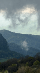 Overcast morning captures misty forested mountains in Verona, Georgia