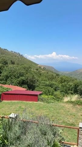 The video captures a panoramic view of a lush green landscape under a clear blue sky. In the foreground, there is a wooden railing with stone pillars, partially obscured by green foliage and lavender plants. To the left, a red-roofed structure is visible. The middle ground features rolling hills covered in dense green trees and vegetation, with a valley opening up to reveal a body of water in the distance, possibly the sea. In the far distance, mountains are silhouetted against the horizon, with a few clouds scattered in the sky. The overall impression is a serene and picturesque natural setting on a sunny day.