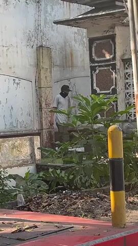 A person wearing a light-colored t-shirt, dark pants, a black face mask, and a dark baseball cap walks down a set of stairs. The stairs appear to be made of concrete and are covered with some debris, including leaves and trash. There is a large green plant to the right of the stairs. In the background, there is a weathered, light-colored building with decorative elements on its facade. A yellow and black striped bollard is visible in the foreground. The overall environment appears to be outdoors in an urban or semi-urban setting.