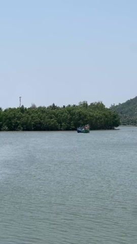 The video shows a body of water with a building on one side and greenery on the other. The building is white and appears to be a hotel or apartment complex. The greenery consists of trees and other vegetation. There are some boats on the water in the distance. The sky is clear and blue.