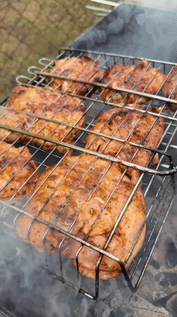Backyard barbecue grilling session documented in Ukrainian village