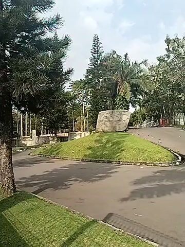 The video opens with a view of a paved road with distinct shadows cast by trees, suggesting a sunny day. A grassy median separates parts of the road, featuring a large, light-colored rock that appears to be a decorative element or monument. Tall, coniferous trees line the road and dot the landscape.

As the camera pans or moves, a metal fence with vertical bars comes into view on the left, acting as a foreground element. Beyond the fence, a tranquil body of water, possibly a pond or small lake with greenish water, is visible. On the far side of the water, a well-manicured grassy area slopes upwards, arranged in several terraced levels. Standing prominently on these elevated grounds are several traditional Asian-style buildings with distinctive green-tiled roofs, resembling pagodas or temples. More tall, slender coniferous trees are scattered across the landscape, enhancing the serene park-like setting. The sky is bright with some clouds.

The scene depicts a calm and well-maintained outdoor environment, likely a park or a cultural complex, under clear daytime conditions. There are no people visible, and no discernible text on any objects. The architectural style of the distant buildings suggests an East or Southeast Asian cultural influence, consistent with the given location context of Tohkuning, Indonesia.