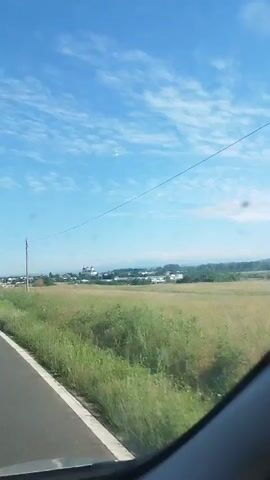 A car travels down a road, its passenger-side window offering a view of a rural landscape. The scene is dominated by a vast, open field of dry grass and green weeds, stretching towards a distant horizon. A lone wooden utility pole stands prominently in the middle ground, its wires stretching across the frame. In the far distance, a cluster of buildings, possibly a town or village, is visible, with a prominent church or monastery with white domes and spires. The sky above is a bright, clear blue, dotted with wispy white clouds. The sun is high, casting a bright light on the scene. The car's dashboard is visible in the foreground, suggesting the perspective of a driver or passenger. The video is brief and appears to be a snippet from a longer journey.