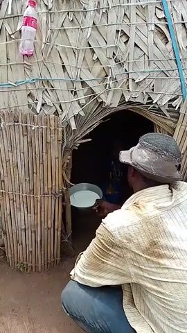 A person is holding a metal bowl with white liquid in it, extending it towards the entrance of a hut made of bamboo and palm fronds. Inside the dark hut, a child is sitting on the ground, holding a blue bowl and a yellow spoon. The child appears to have white residue around their mouth. The ground outside the hut is dirt.