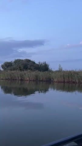 The video shows a body of water, likely a river or lake, with a boat moving through it. The water is calm and reflects the sky, which is a pale blue with some scattered clouds. On the banks of the water, there are tall reeds and trees. In the distance, there are some buildings and other boats. The video appears to have been taken at dusk or dawn, as the light is soft and diffused. The boat has a white trolling motor with a black propeller at the front. The camera is positioned low, looking out over the water. There are no people visible in the immediate foreground or middle ground. In the far distance, small figures that could be people are visible on the shore. The video pans slightly to the left and right as the boat moves.