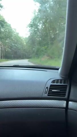The video shows a point-of-view shot from inside a car driving on a winding road through a forest. The dashboard of the car is visible in the foreground, with a carbon fiber-like trim and an air vent. Outside the car, the road curves to the left, flanked by lush green trees on both sides. The sky above is overcast, suggesting a cloudy day, possibly late afternoon or early evening, as the light appears somewhat diffused. The trees are dense and varied, with some taller pines mixed with deciduous trees. The overall impression is a serene and natural setting. There are no people visible. The activity is simply driving through the scenic route. The location is identified as Koprivshtitsa, Bulgaria. There is no visible text in the video.