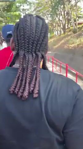 The camera is positioned behind a person with dark braided hair and a black shirt. This person is standing in line at an outdoor amusement park. Ahead in the line, a diverse group of people can be seen, including a man in a plaid shirt and sunglasses, someone in a red shirt and blue baseball cap, and others in various casual outfits. A bright pink railing runs along the edge of the queue line. Lush green trees and vegetation fill the background, suggesting a natural setting within the amusement park. The sun is shining, casting shadows and creating a bright, summery atmosphere. The amusement park rides are visible in the distance, hinting at the recreational activities available.