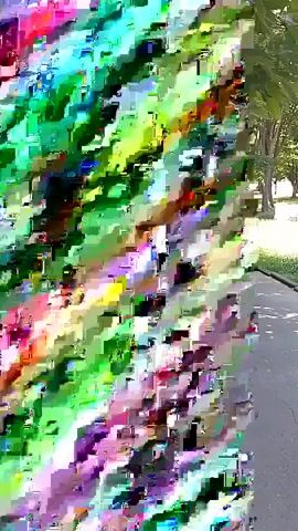 A person is seen riding a bicycle on a paved path in a park. The path is lined with trees and grass. In the background, there are more trees and some benches. The video has a distorted effect, with glitchy colors and lines appearing on the left side of the screen.