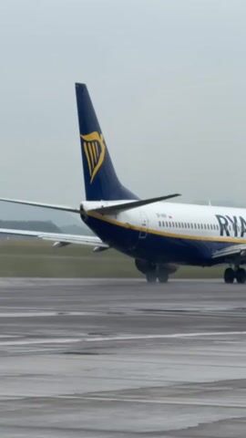 A Ryanair plane is seen taxiing on a wet runway. The plane is white with blue and yellow accents, prominently displaying the Ryanair logo. The weather appears overcast, creating a flat, grey light. The runway is wet, reflecting the overcast sky. There is no visible activity around the plane apart from its movement.