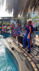 Coordinated poolside dance performance in Porlamar, Venezuela