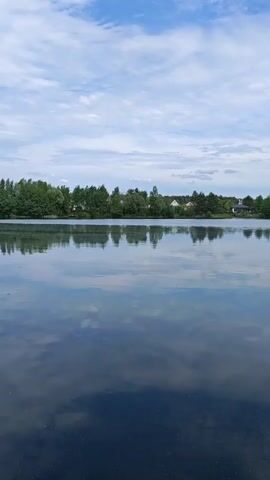 The video displays a tranquil lake under a partly cloudy sky. The surface of the water is still, reflecting the sky and the line of trees and a few houses on the opposite shore. The trees appear green, and the overall light suggests it is daytime. There is no visible human activity or direct interaction with the environment.